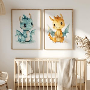 Picture children&#39;s room dragon poster set children&#39;s pictures blue yellow baby room decoration wall picture children&#39;s room girl boy neutral digital download