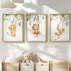 Poster children's picture safari baby room children's room jungle elephant lion monkey decoration gift set of 3 neutral boy girl digital download