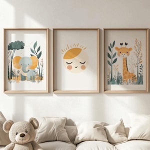 Juego de 3 pósteres para habitación de bebé, habitación infantil, imagen de safari, animales, elefante, sol, jirafa, decoración, regalo, nacimiento, neutro, niño, niña, descarga digital