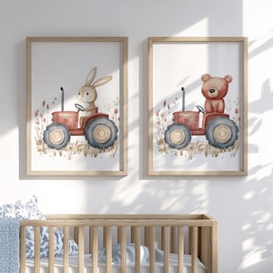 Imagen habitación infantil tractor conejo oso rojo conjunto de 2 animales del bosque habitación bebé habitación infantil póster decoración regalo neutro niño niña descarga digital