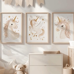 Posterset Einhorn Babyzimmer Kinderzimmer Deko Bilderset goldene Sterne Wandbild Digitaler Download Geburt Taufe Geschenk Mädchen rosa braun