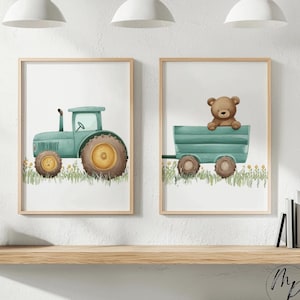 Póster mural tractor oso verde conjunto de 2 A4 animales del bosque habitación bebé habitación infantil imagen decoración regalo neutro niño niña descarga digital