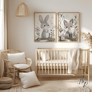 Poster Bild Waldtiere Hase Fuchs Grau Rosa Babyzimmer Deko Wandbild Kinderzimmer skandinavisch Mädchen Junge neutral Digitaler Download