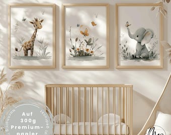 Ensemble de 3 posters Safari pour la chambre d'enfant, format A3/A4 - Images d'animaux de la jungle : éléphant et girafe - décoration murale neutre pour les chambres d'enfants de filles et de garçons