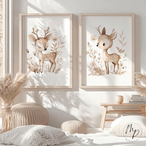 Póster conjunto de 2 animales del bosque habitación bebé habitación infantil cuadro ciervo seta decoración regalo nacimiento bautizo -neutro niño niña- descarga digital DIN A4
