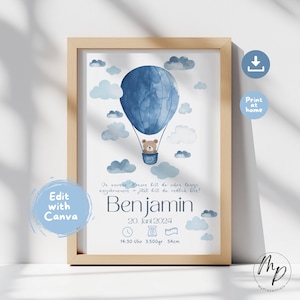 Cartel de nacimiento personalizable carta natal habitación del bebé globo aerostático oso niño azul regalo nacimiento Día de la Madre fechas de nacimiento cartel descargar