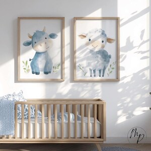 Bild Kinderzimmer Bauernhof Schaf Kuh Blau Aquarell Poster 2er-Set Babyzimmer Deko Geschenk Kinder Tiere Junge Mädchen digitaler Download