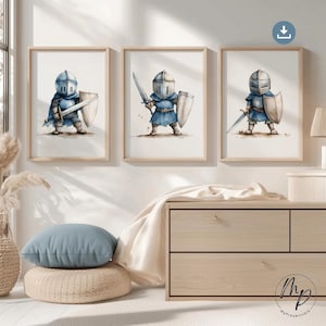 Ritter Poster Set Bilder Kinderzimmer Deko blau Mittelalter Digital Download Aquarell Jungenzimmer Mut Tapferkeit Junge Geschenk Wandbild