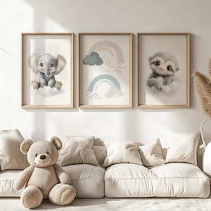 Poster 3er-Set Babyzimmer Kinderzimmer Nursery Tiere Elefant Regenbogen Deko Geschenk Kinderbild neutral Junge Mädchen digitaler Download