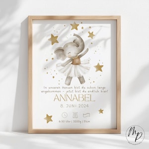 Personalisierbar Geburtsposter Geburtstafel Babyzimmer Elefant Mädchen Junge Baby braun boho Geburt Muttertag Geburtsdaten Poster Download