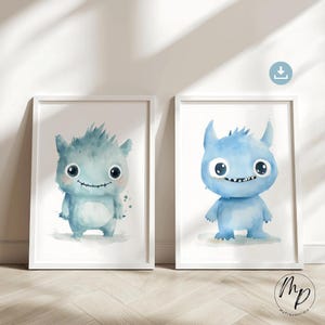 Monster Poster 2er-Set Kinderzimmer Junge Blau Türkis Wasserfarben Aquarell Wanddeko Bilder Babyzimmer Wandkunst Deko Digitaler Download