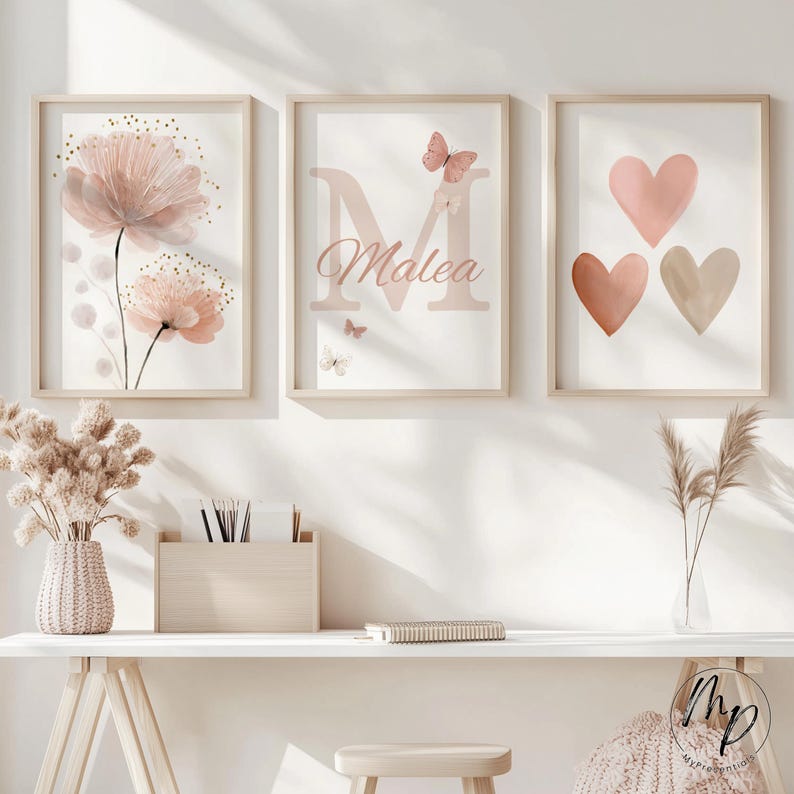 Set of 3 personalized name posters - Floral Hearts Boho Pictures for a Girl's Room - Pink Butterfly Wall Decor for a Children's Room image 5