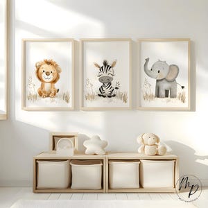Póster con imagen de habitación infantil, safari, jungla, elefante, cebra, león, conjunto de 3, decoración de habitación de bebé, regalo neutro, niño y niña, descarga digital
