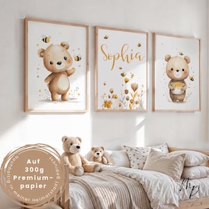 3er Poster-Set mit personalisiertem Namensposter - Bären mit Honig & Bienen - Bilder fürs Babyzimmer - Wandeko fürs Kinderzimmer in Beige