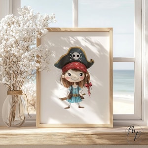 Poster Pirat Mädchen Schiff Kinderzimmer Bild Babyzimmer Deko Bunt Rot Wandbild Digitaler Download Minimalistic Nursery Toddler Kids neutral