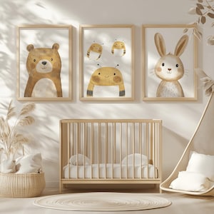 Posterset Bild Waldtiere Bär Hase Biene Babyzimmer Kinderzimmer Spielzimmer Deko Minimalistisch braun Bilderset Geschenk Digitaler Download