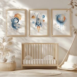 Poster Kinderbilder Weltraum Rakete Mond Blau Wandbild 3er Set Babyzimmer Kinderzimmer Bild Deko Geschenk neutral Junge digital Download