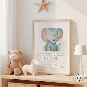 Cartaz de Nascimento Personalizável Placa de Nascimento Quarto de Bebê Elefante Menina Menino Bebê Azul Rosa Nascimento Dia das Mães Datas de Nascimento Cartaz para Download