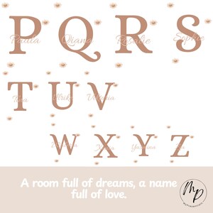May include: A decorative print featuring the letters P, Q, R, S, T, U, V, W, X, Y, and Z in a soft brown color. Each letter has a name written below it. Small daisy illustrations are scattered around the letters. The text at the bottom reads "A room full of dreams, a name full of love."