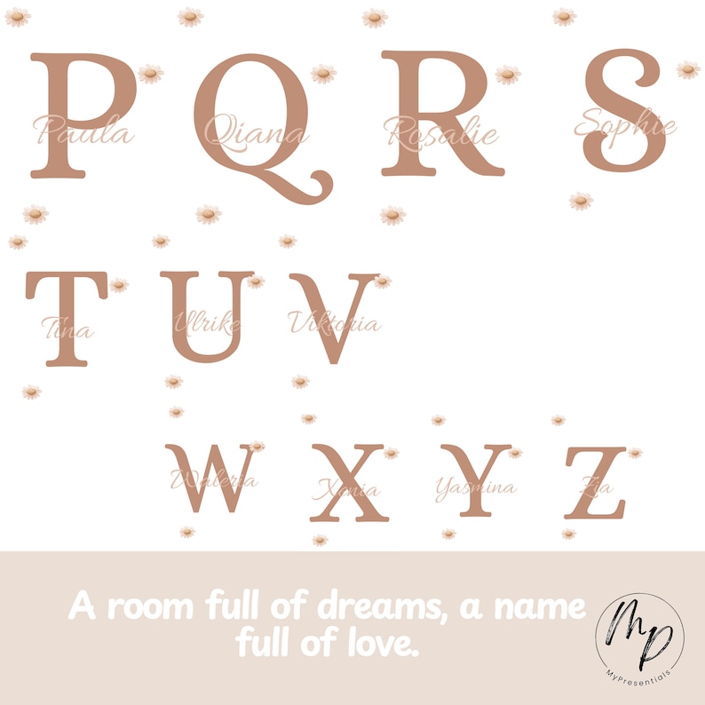 May include: A decorative print featuring the letters P, Q, R, S, T, U, V, W, X, Y, and Z in a soft brown color. Each letter has a name written below it. Small daisy illustrations are scattered around the letters. The text at the bottom reads "A room full of dreams, a name full of love."