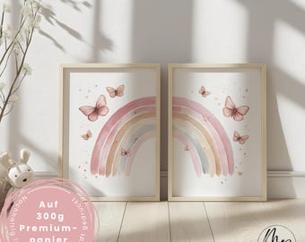 Set of 2 Watercolor Rainbow Posters for a Girl's Room - Butterfly Pictures Boho Pink Nursery - Baby Room Decor - Wall Art for Girls