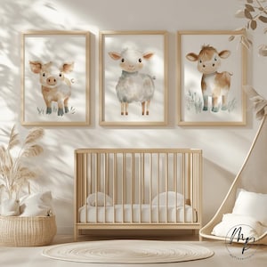 Bild Kinderzimmer Bauernhof Schaf Kuh Schwein Poster 3er-Set Babyzimmer Deko Geschenk Kinderbild neutral Junge Mädchen digitaler Download
