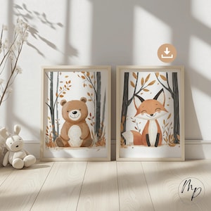 Picture children&#39;s room forest animals bear fox poster set baby room decoration wall picture children&#39;s room digital download gift girl boy neutral brown