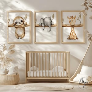 Juego de 3 carteles para habitación de bebé, habitación infantil, elefante de la jungla, perezoso, jirafa, decoración, regalo, imagen infantil, niño neutral, niña, descarga digital