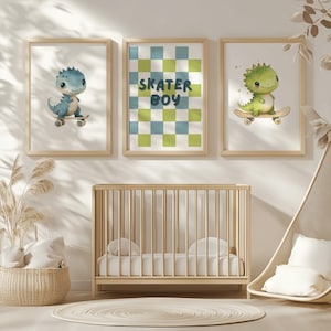 Poster 3er-Set Babyzimmer Kinderzimmer Bild Dinosaurier Skateboard Geschenk Kinderbild Geburtstag neutral Junge Mädchen digitaler Download