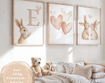 Personalized bunny poster set for a girl's room - rabbit wall art with a pink heart - Scandinavian wall decor - girl's name poster