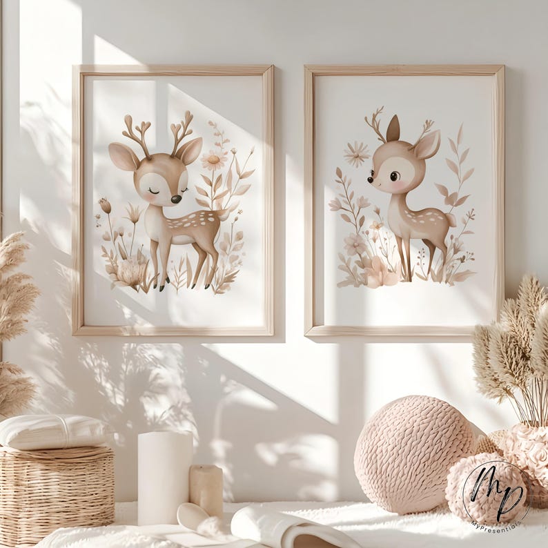 May include: Two framed watercolor prints featuring adorable deer illustrations. Each deer has large eyes, antlers, and is surrounded by soft floral elements in shades of beige and brown. The frames are light wood, adding a natural touch to the nursery decor.