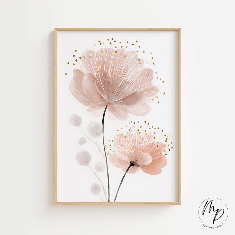 May include: A framed floral art print featuring two large, light pink watercolor flowers with black stems and gold accents. The artwork is set against a white background, creating a soft and elegant aesthetic. The frame is a light wood color.