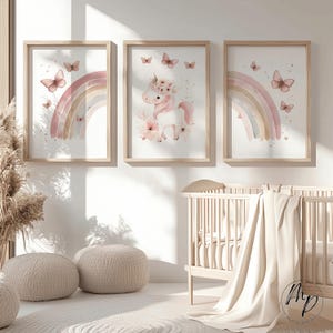 Unicorn Rainbow Butterfly Poster Set Boho Pink Beige Digital Download | Horse Girl&#39;s Room Decoration Baby Room Nursery Wall Art