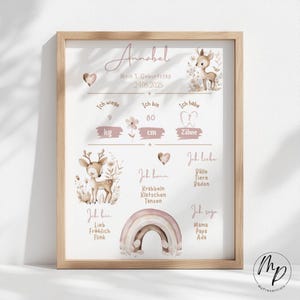 Carte d'étape, tableau d'étape, fille, cerf, arc-en-ciel, rose, bohème, développement, 1er, 2e anniversaire, impression personnalisable, modèle de téléchargement