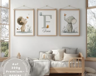 Póster de safari personalizado para habitación de bebé | Imágenes de la selva con elefantes y leones | Decoración de pared para habitación infantil | Regalo para baby shower