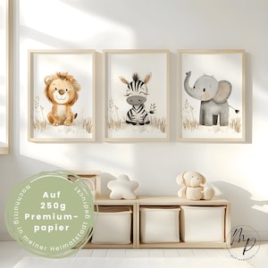 3er Dschungel Poster-Set fürs Babyzimmer A3 A4 - Bilder Safari Tiere: Elefant Löwe Zebra - Skandinavische Wanddeko - Kinderzimmer Wandkunst