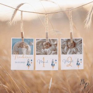 Cartes mensuelles Étapes clés Photos mensuelles Bébé Personnalisable Garçon Espace Astronaute Univers Ours Fusée Impression bleue Téléchargement numérique