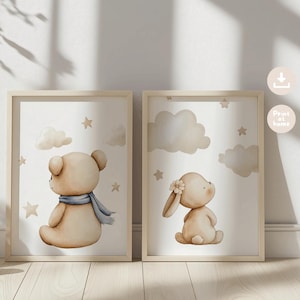 Hasen Bären Poster Set Kinderzimmer Bilder Babyzimmer Wanddeko Tiere Sterne Wolken Aquarell Neutral Skandi Digitaler Download Junge Mädchen