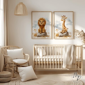 Poster picture children&#39;s room safari jungle lion giraffe set of 2 animals blue baby room decoration gift neutral boy girl digital download