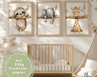 3er Poster-Set fürs Babyzimmer A3 A4 -  Bilder Dschungeltiere: Elefant Faultier Giraffe - neutrale Wanddeko Jungen- und Mädchen Kinderzimmer