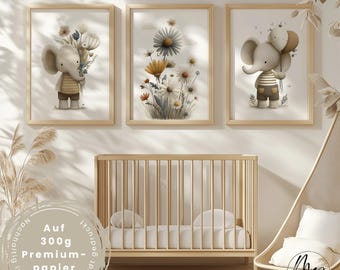 Póster infantil con elefante y flores: arte de pared neutro para habitaciones de bebé, animales de safari bohemios, láminas artísticas para niñas y niños.
