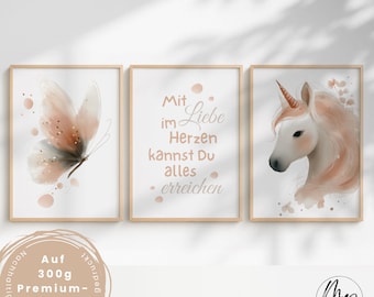 Juego de pósteres para habitación infantil: Arte mural de unicornio y mariposa con cita | Decoración neutra para habitación de bebé | Láminas de acuarela