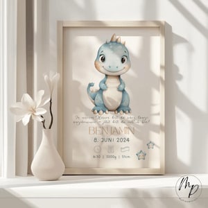 Cartaz de Nascimento Personalizável Placa de Nascimento Quarto de Bebê Dinossauro Dino Azul Presente Nascimento Dia das Mães Datas de Nascimento Cartaz Download neutro