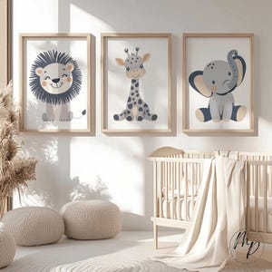 Cuadro Safari decoración habitación infantil selva elefante jirafa león póster set de 3 gris habitación bebé neutro niño niña descarga digital DIN A4