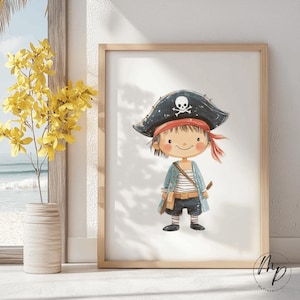 Poster Bild Pirat Junge Schiff Kinderzimmer Bild Babyzimmer Deko Bunt Rot Wandbild Digitaler Download Minimalistic Nursery Kids neutral