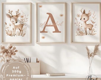 Set de 3 pósteres personalizados con nombre - Ciervos, animales del bosque, estilo bohemio para la habitación de una niña - decoración de pared para la habitación infantil, beige, rosa, flores
