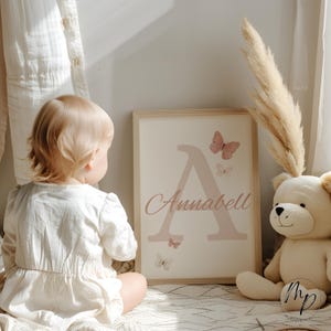 May include: A framed print featuring the name "Annabell" in a soft pink font, with a large letter "A" and butterfly illustrations. A teddy bear and a child are in the scene. The print is in a light wooden frame.
