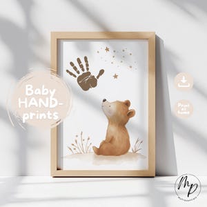 Póster de huella digital de mano, bebé oso, acuarela, estrellas, personalizable, decoración de pared para guardería, regalo de nacimiento, baby shower, descarga digital