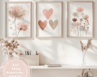 3er Poster-Set Boho Blumen und Herzen - Bilder fürs Mädchenzimmer in Rosa - Wandeko im Kinderzimmer - Neutrale Kinderbilder für Mädchen