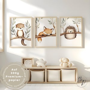 Waldtiere Poster Set Kinderzimmer – Otter, Fuchs & Igel Wandbilder – Babyzimmer Deko Neutral – Aquarell Tiere Drucke